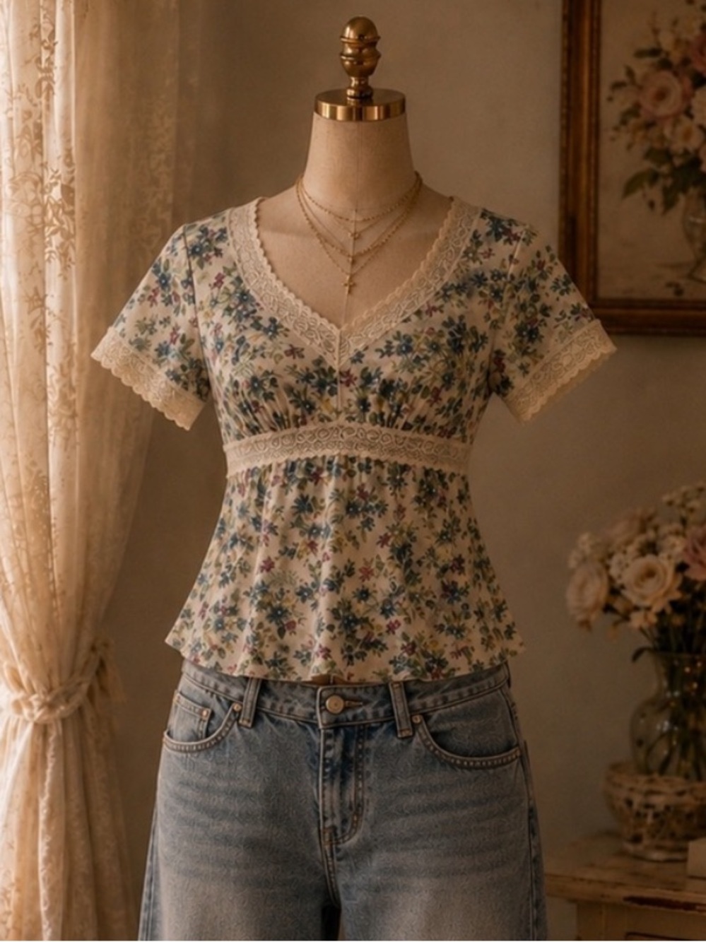 Coquette Blue Floral Lace Babydoll Top | Cottagecore Fairycore Y2K Romantic